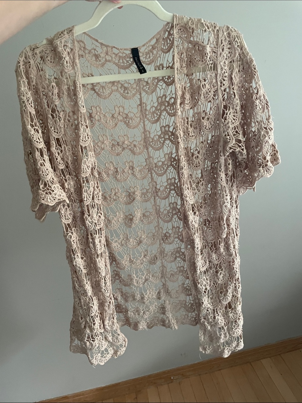 Crochet Lace Open Front Cardigan - beige/tan